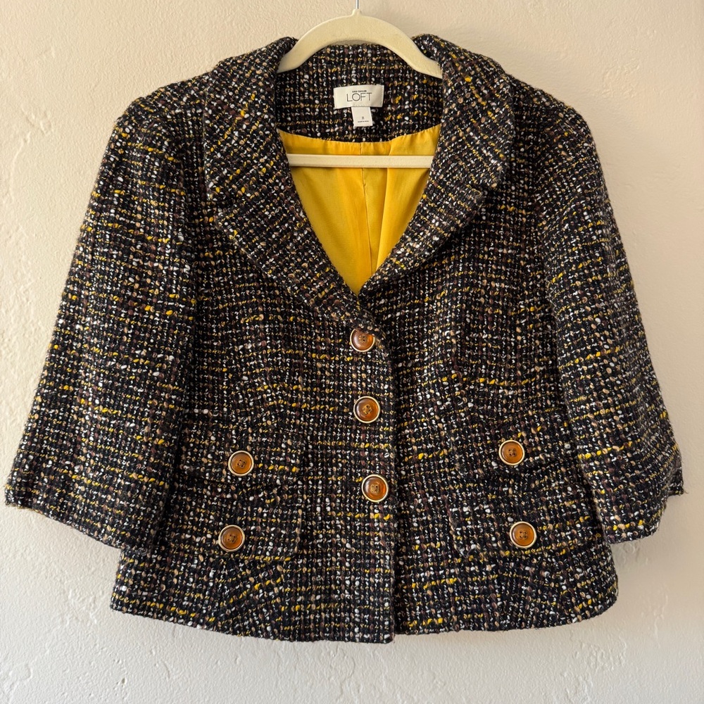 Ann Taylor LOFT | Black, Yellow, Brown | Wool Tweed Blazer | 3/4 Sleeves